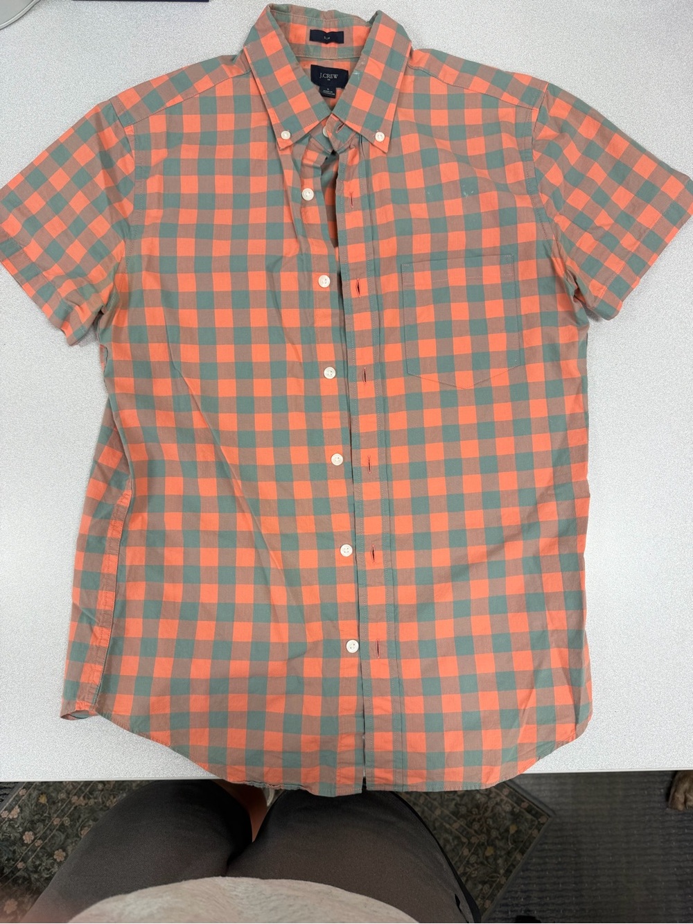 J. Crew Coral and Sage Check Short-Sleeve Button-Down Shirt